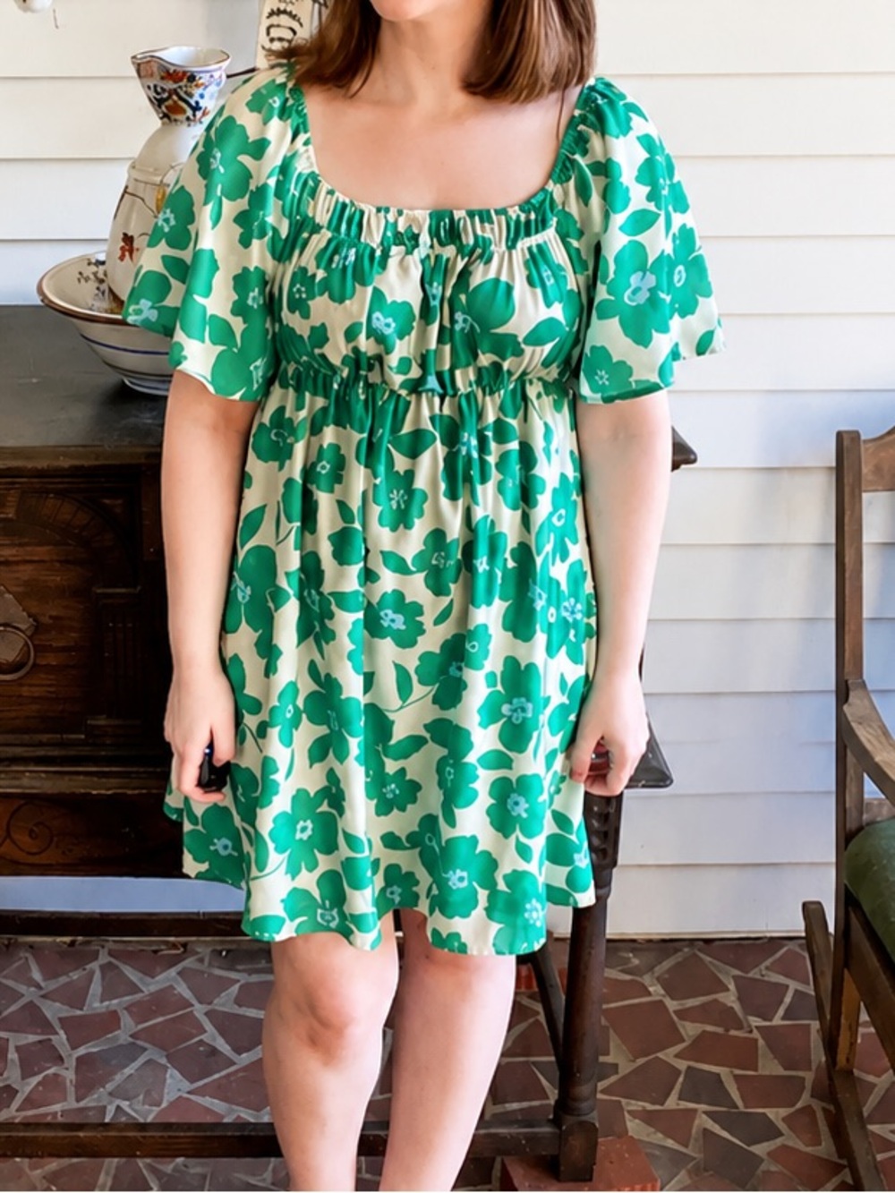 Peach Love California Cream Dress with Green Floral Print